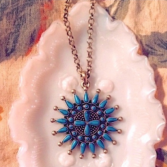 Lucky Brand Jewelry - LUCKY BRAND Pendant Zuni Style Gold Turquoise Blue Chain Boho Necklace